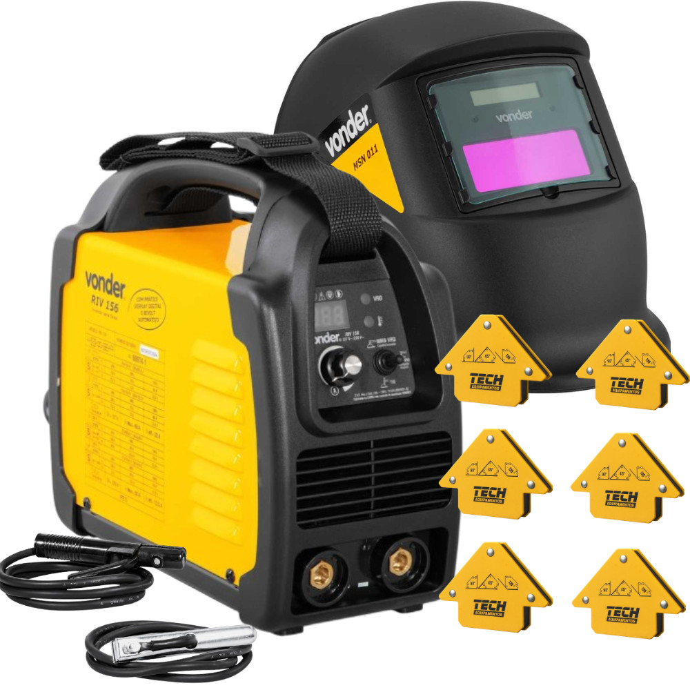 Kit Máquina De Solda Inversora Vonder 150A Bivolt + Máscara MSN 011 + 6 Esquadros Magnéticos12kg