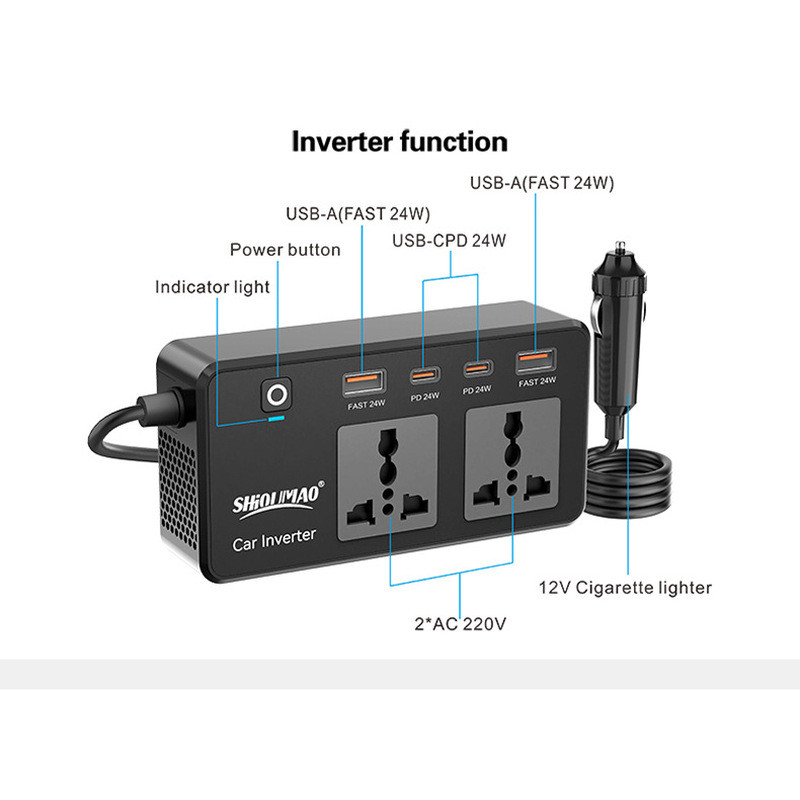 Inversor de energia para carro Tomada multifuncional com Interface USB de carga rápida PD Tomada para carro Eletrodomést