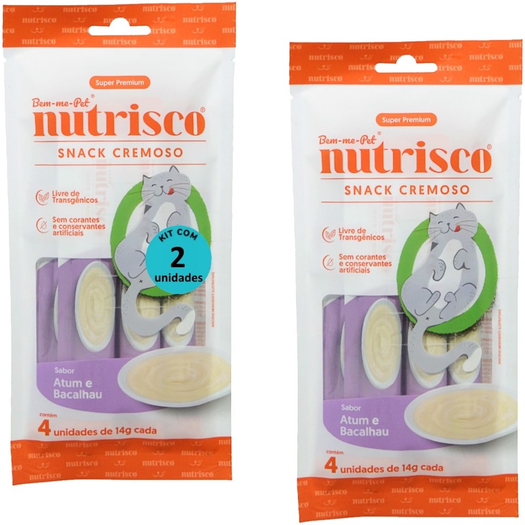 SNACK CREMOSO NUTRISCO GATOS 14G ATUM E BACALHAU COM 4 UN - KIT COM 2