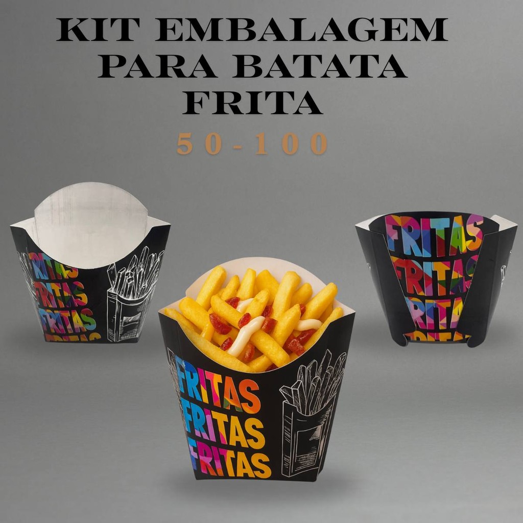 Kit Embalagem Caixa Batata Frita 50 ou 100 Unidades Para Delivery Combo Lanchonete Food Truck
