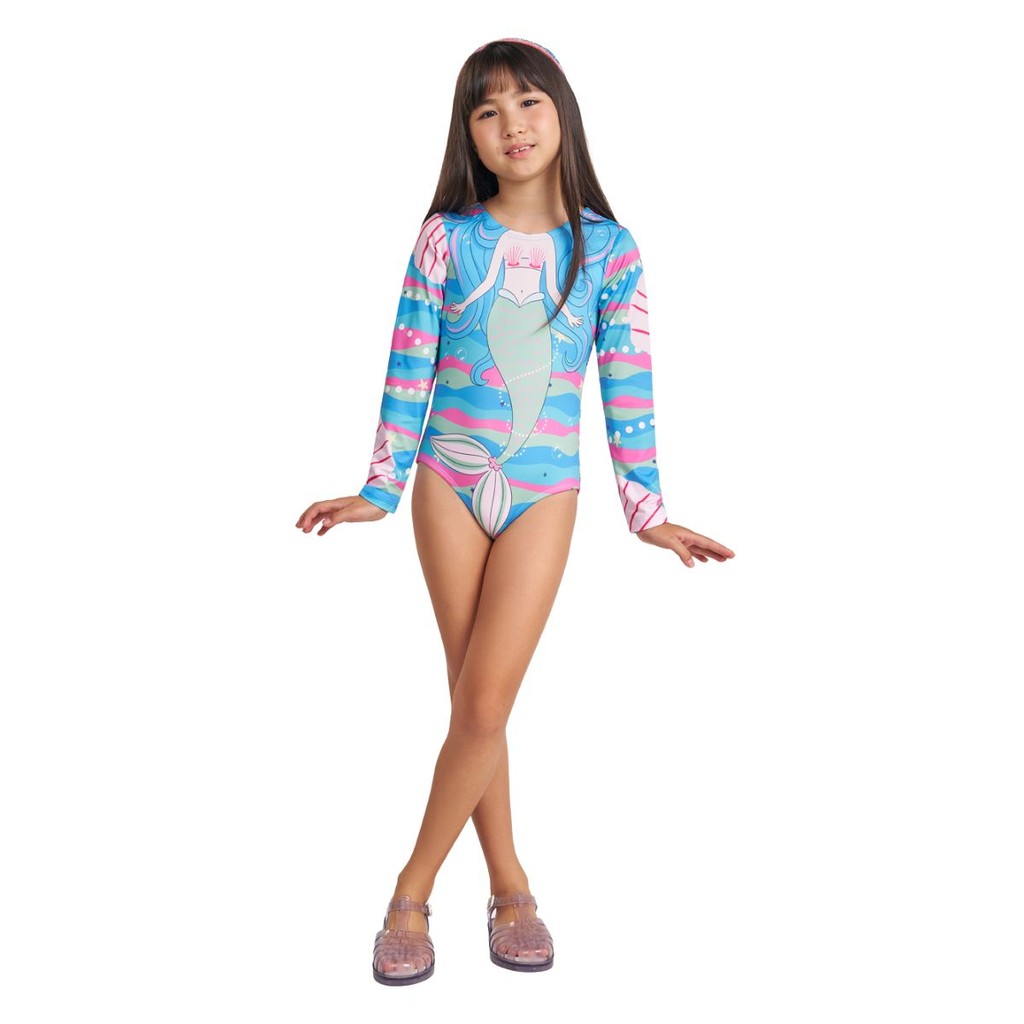 Maio Infantil Sereia Veggi Proteçao Solar Confortável Praia Piscina Verão Calor Sol Colorido