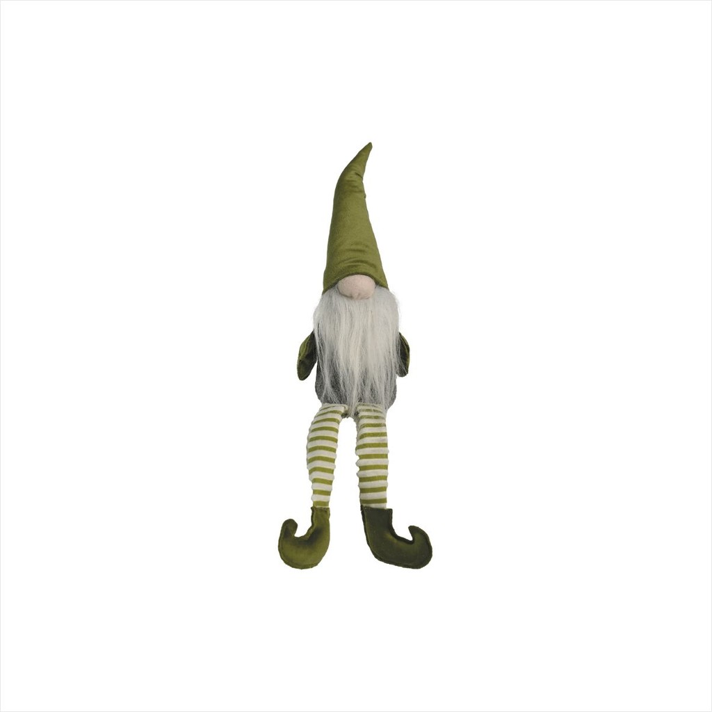 Decoração de Natal Duende Gnomo Verde Sentado Enfeite Tecido Perna Longa Listrado 45CM
