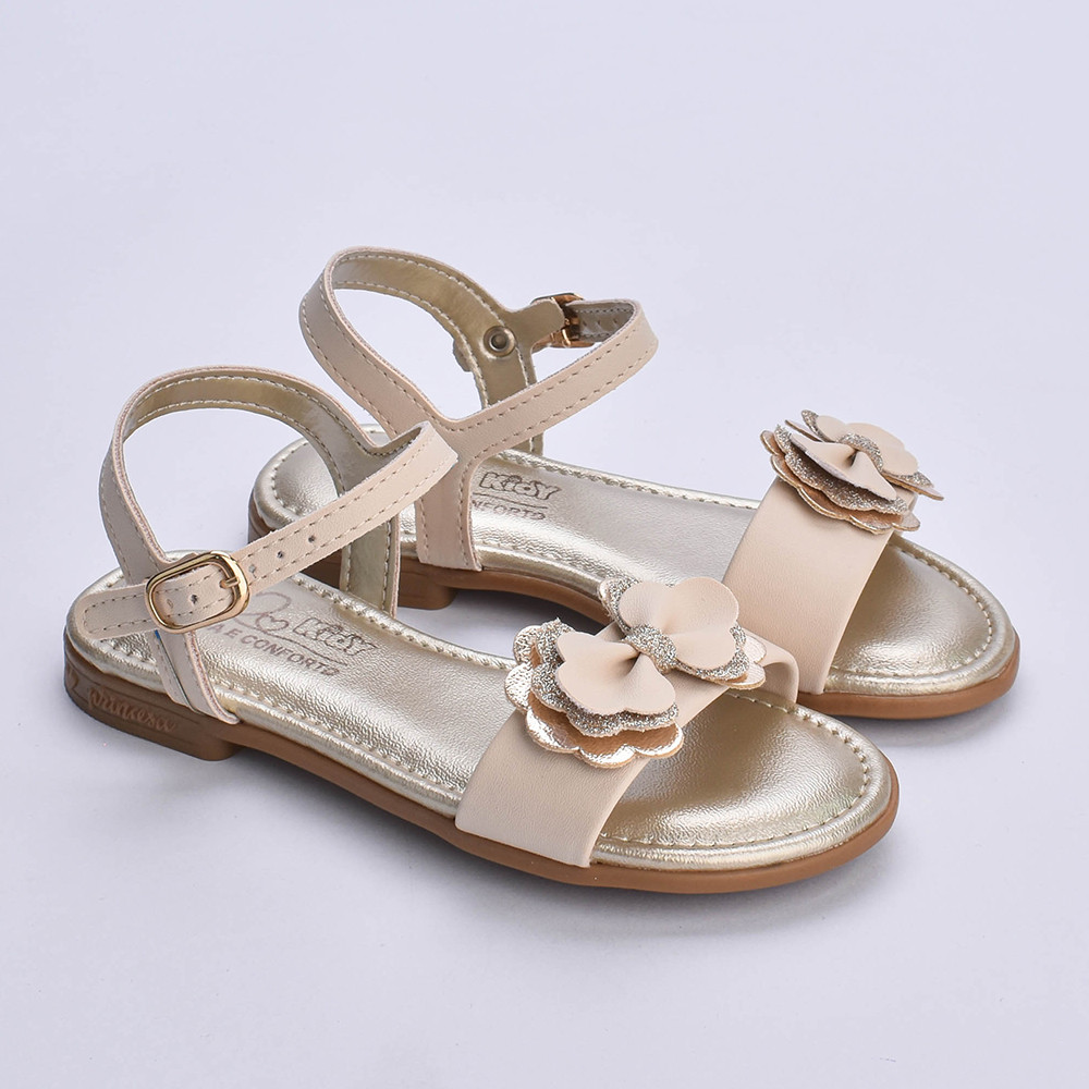 Sandália Infantil Feminina Kidy Amar Ouro Metalizada Laço Strass Fivela Ajustável Leve Flexível