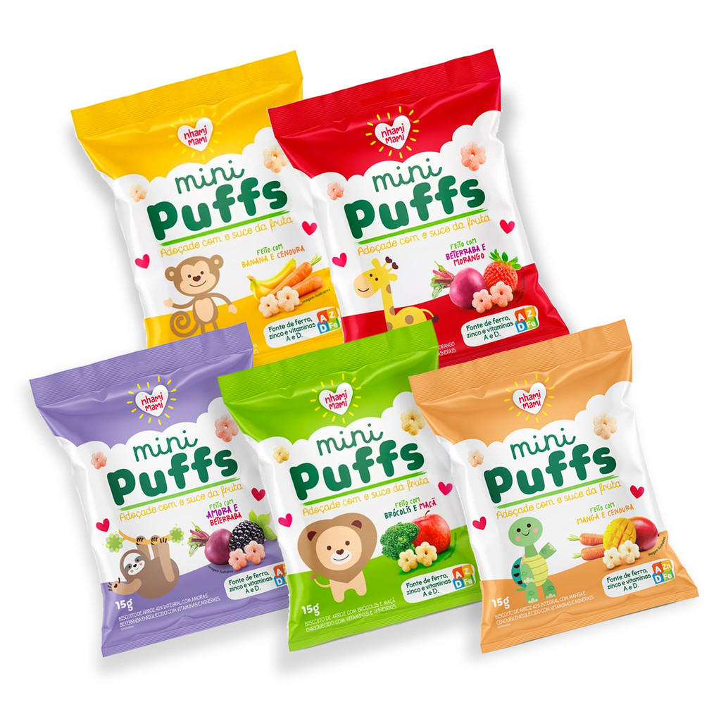 Mini Puffs Snack P/crianças Mix de Sabores 10 Unidades 15g