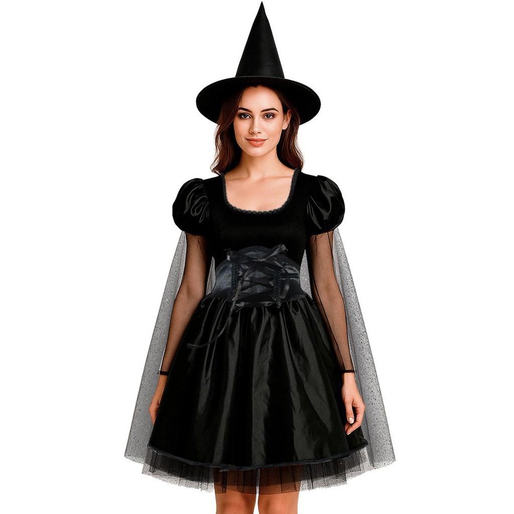 Fantasia Adulta Feminina de Halloween Vestido Bruxa Preto com Capa Gotica Medieval