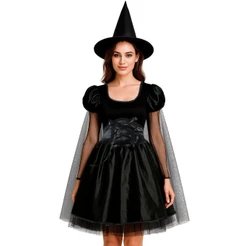 Fantasia Adulta Feminina de Halloween Vestido Bruxa Preto com Capa Gotica Medieval