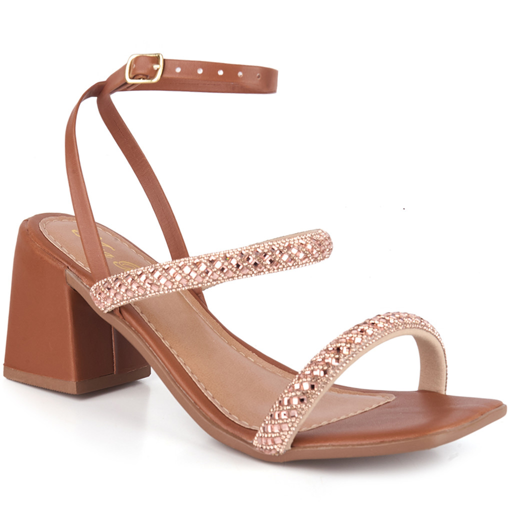 Sandália Feminina Salto Quadrado Bloco Grosso Baixo Medio Strass Brilho Confortável Moda Casual