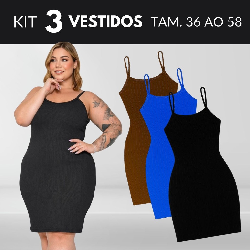 KIT 3 Vestido Feminino Plus Size Vestido Midi Vestidos Vestido Canelado Roupas Midsize Vestido Preto Tamanho 36 Ao 58