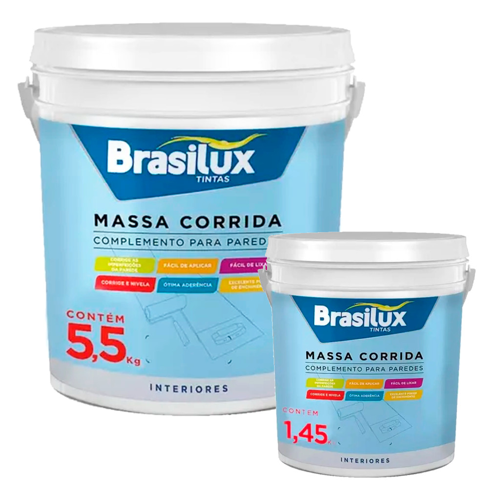 Massa Corrida Para Parede PVA Brasilux Lata 1,45kg ou Galão 5,5kg Acabamento Niveladora Interna em Oferta na Shopee