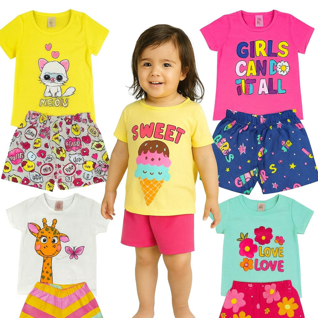 Kit Sortido 2 ou 4 Peças de Roupa de Menina Verão Infantil Bebê Feminino Conjunto Infantil Bebê Menina Verão Manga Curta