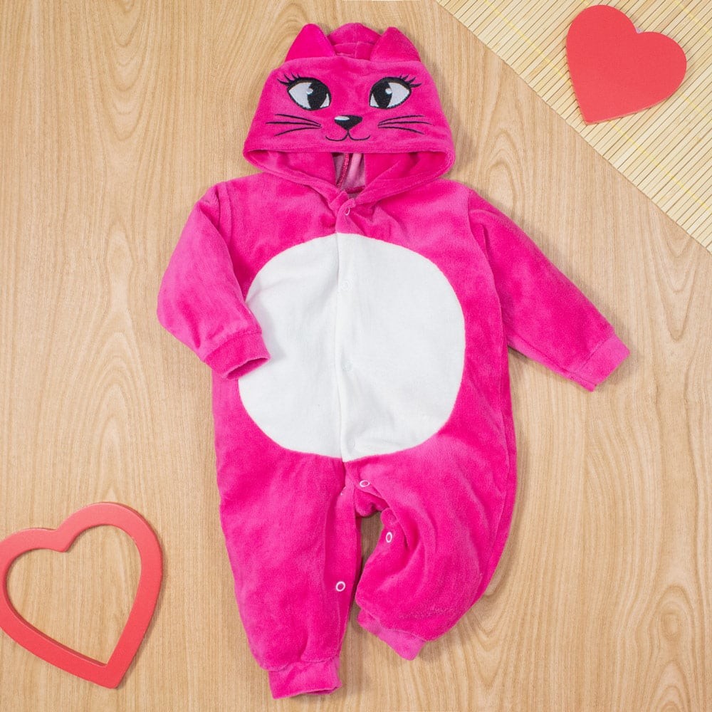 Macacão Fantasia Longo Em Plush Para Bebê Até 12 Meses Capuz Bordado Gatinha Pink
