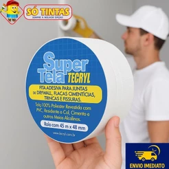 Fita Adesiva Super Tela Tecryl 45m X 48mm, para juntas, placas de drywall, paredes, tetos, fissuras