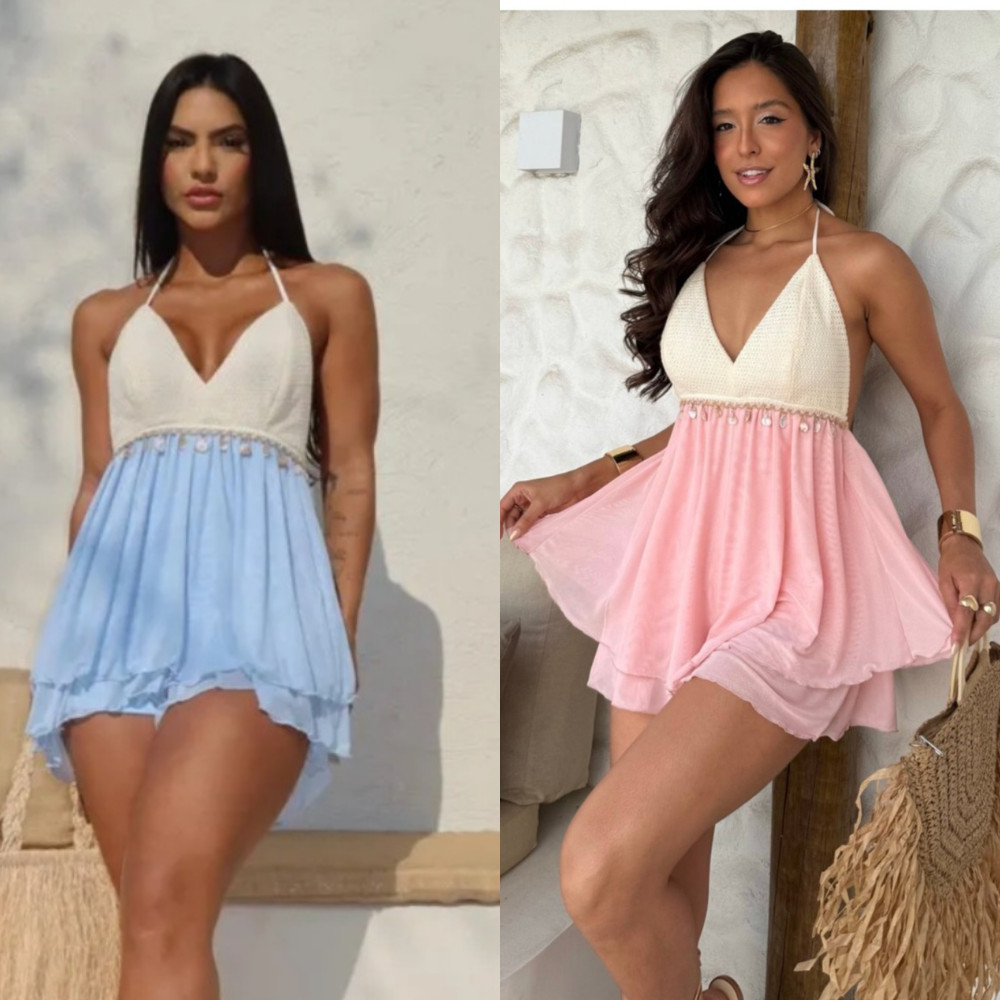 Vestido Macaquinho  Feminino Conchinhas  Curto Soltinho Crochê Decote Costas Nuas Verão Praia Festa