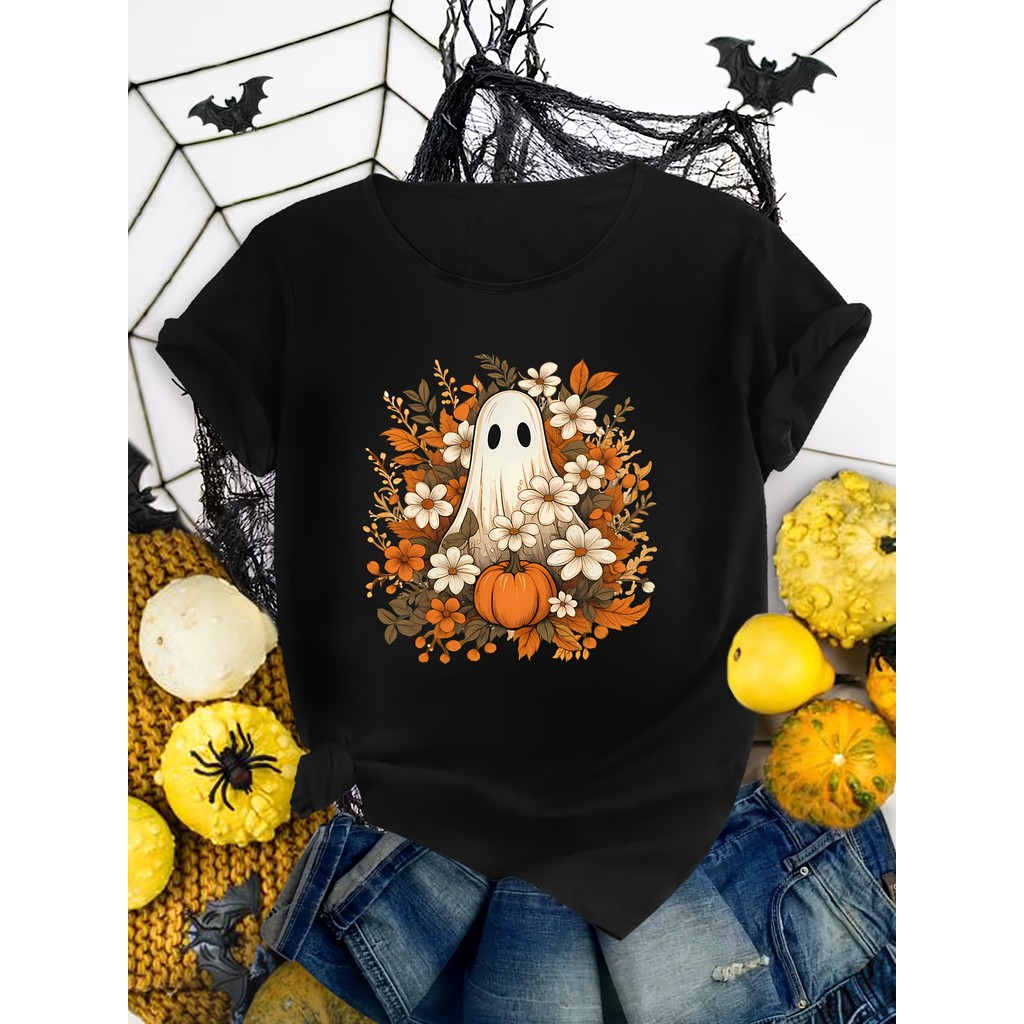 Camiseta Adulto Fantasma Abóbora Halloween Básica Manga Curta 100% Poliéster