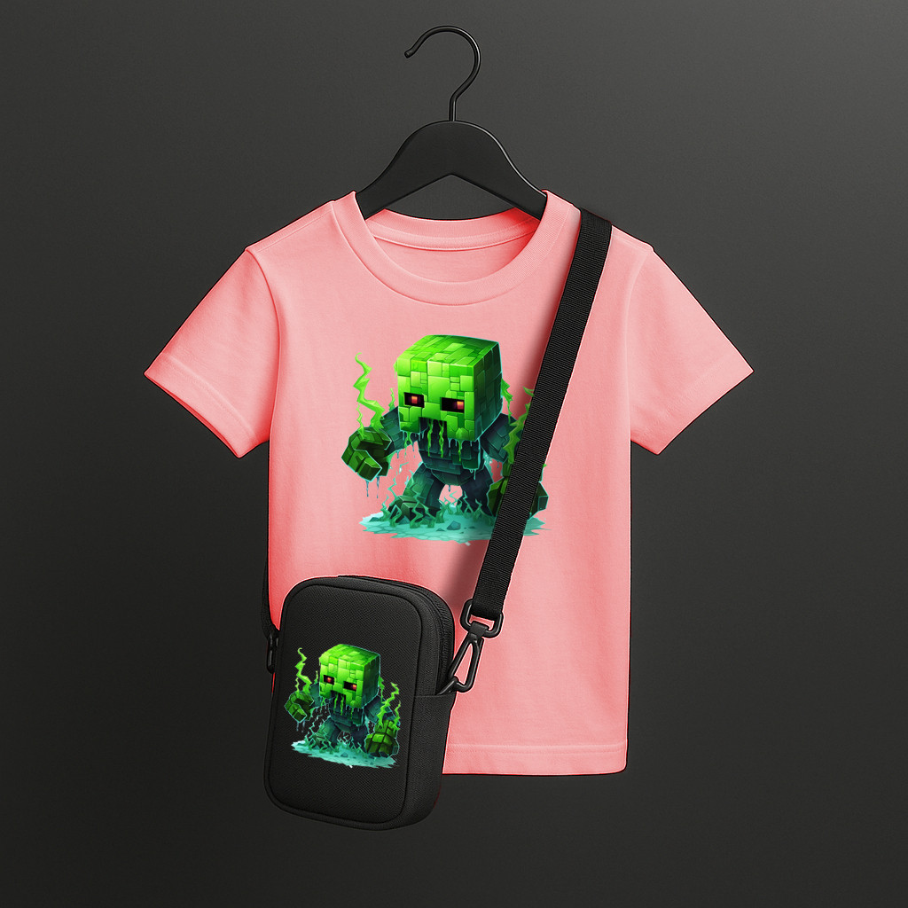 Conjunto Minecraft Infantil Original – Camiseta Gamer + Bolsa Tiracolo Prática para Crianças