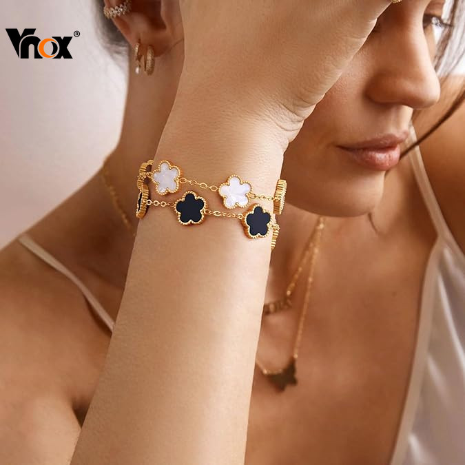 Pulseiras Florais Banhadas A Ouro 18K Vnox , Pulseira Com Pingente De Aço Inoxidável Sem Manchas , Conjunto De Corrente