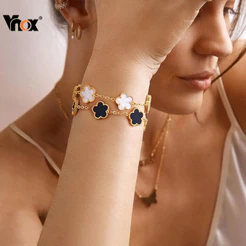 Pulseiras Florais Banhadas A Ouro 18K Vnox , Pulseira Com Pingente De Aço Inoxidável Sem Manchas , Conjunto De Corrente