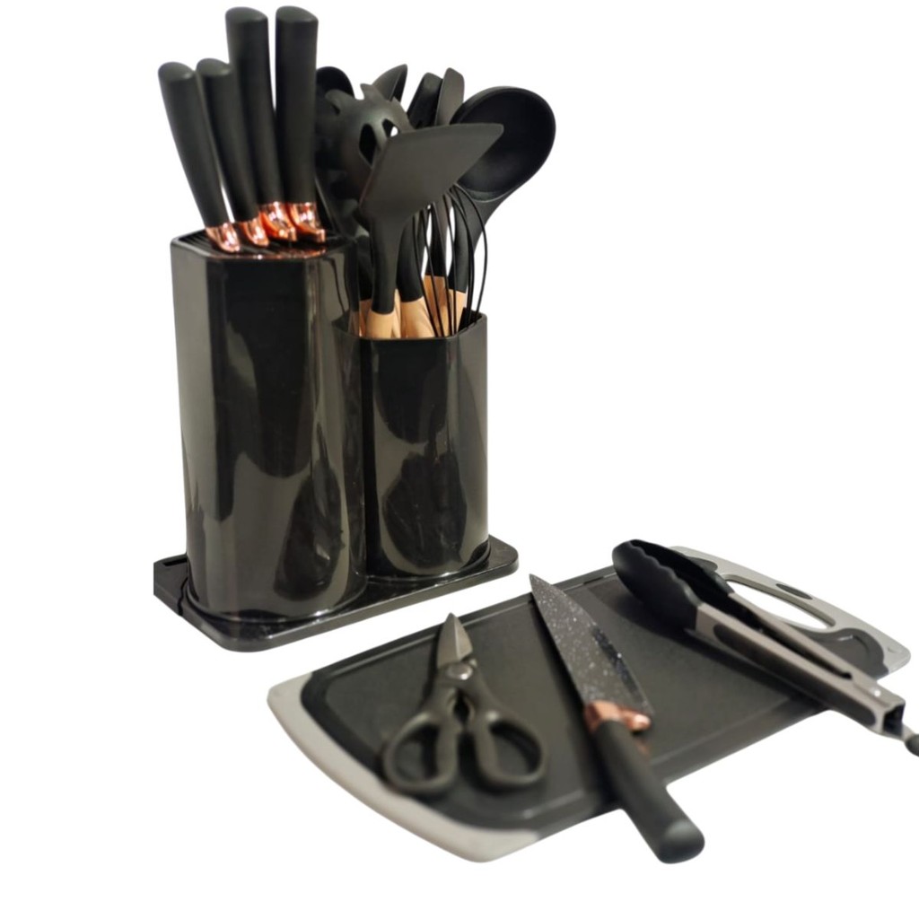 Kit 18 Utensílios Silicone Premium Cabo Madeira Preto  Antiaderente e Resistente