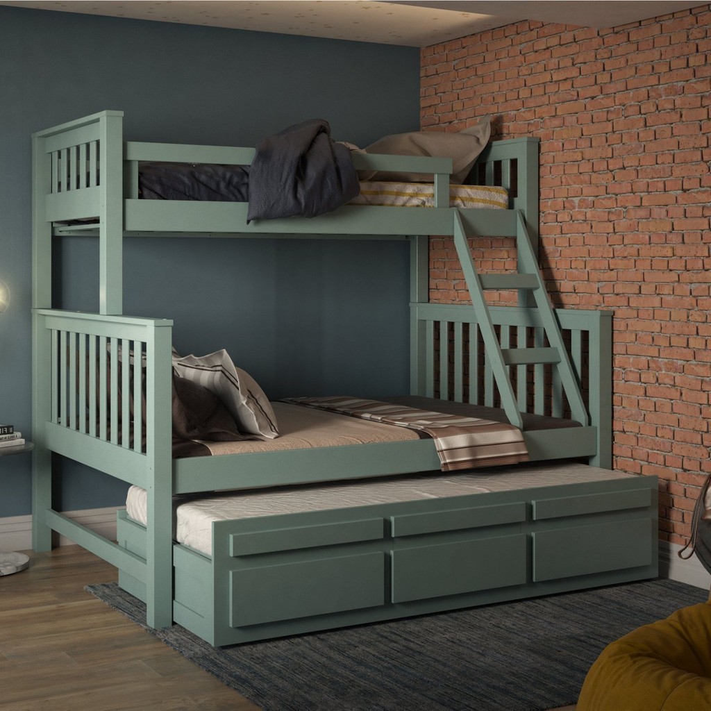 Treliche Com Cama De Casal 3 Gavetas Madeira Maciça Verde