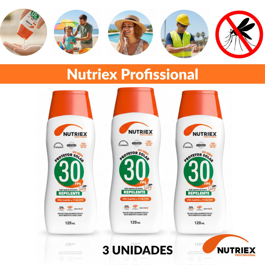 Kit 3 Protetor Solar Nutriex Fps 30 Repelente 120ml Oil Free Hipoalergênico Absorção Rápida em Oferta na Shopee