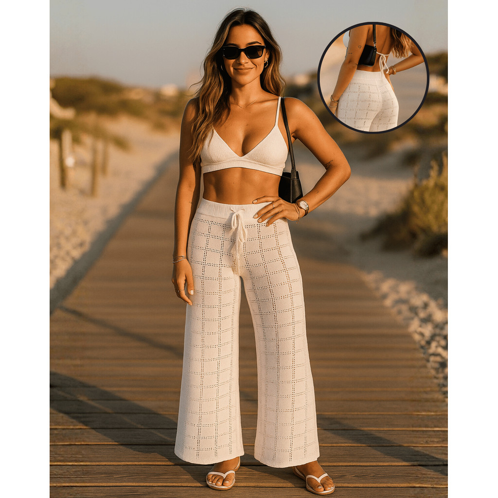 Saída De Praia Elegante Longa Calça Croche Tricot Feminina Chique Saída de banho Piscina em Oferta na Shopee