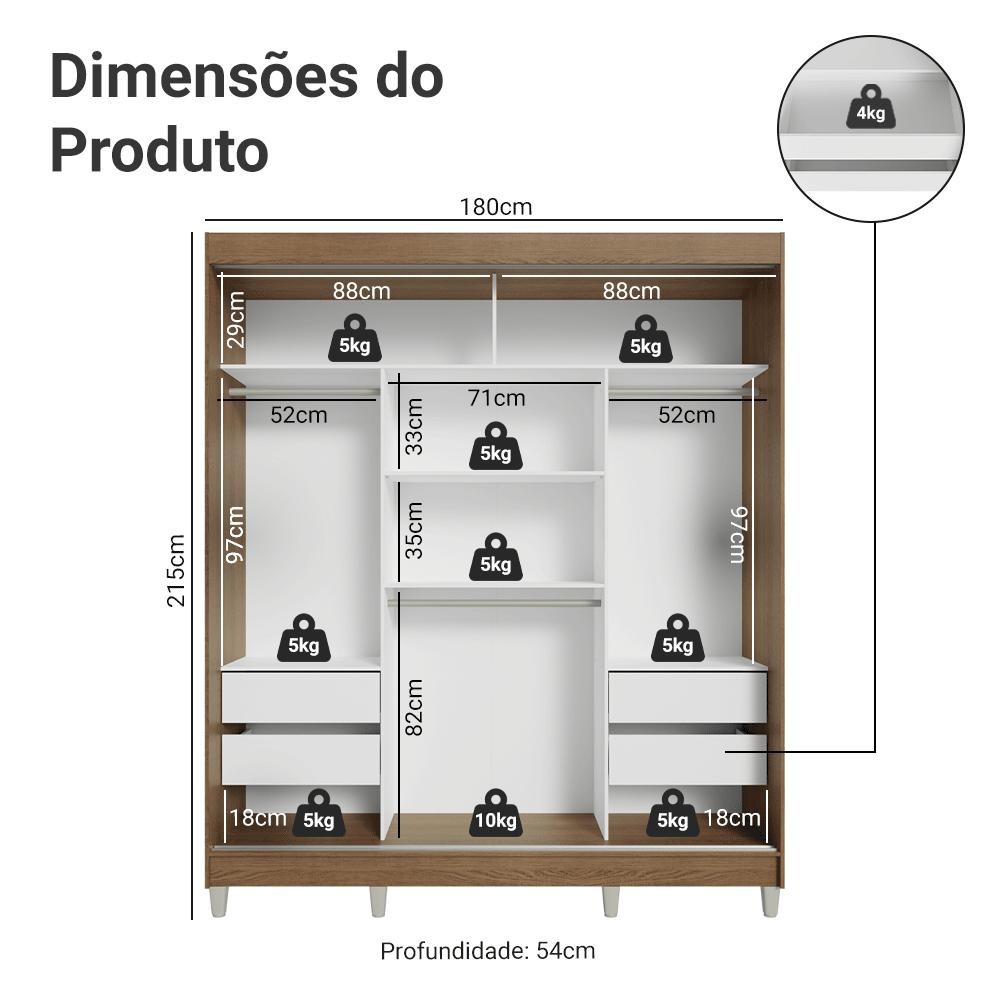 Detalhes do Guarda-Roupa Casal com Pés 3 Portas de Correr com Espelho Rustic/Preto Reno Madesa