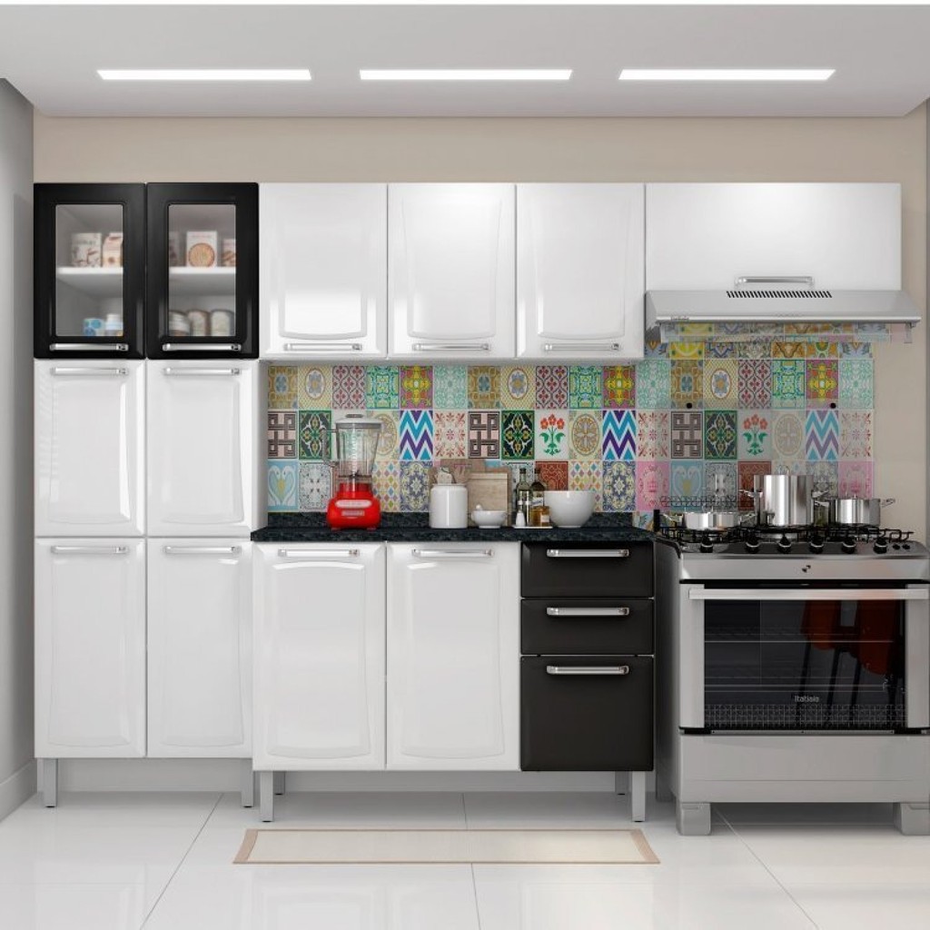 Cozinha Completa Modulada 4 Peças 13 Portas 2 Gavetas Tarsila Itatiaia Branco/Neve Branco/Preto