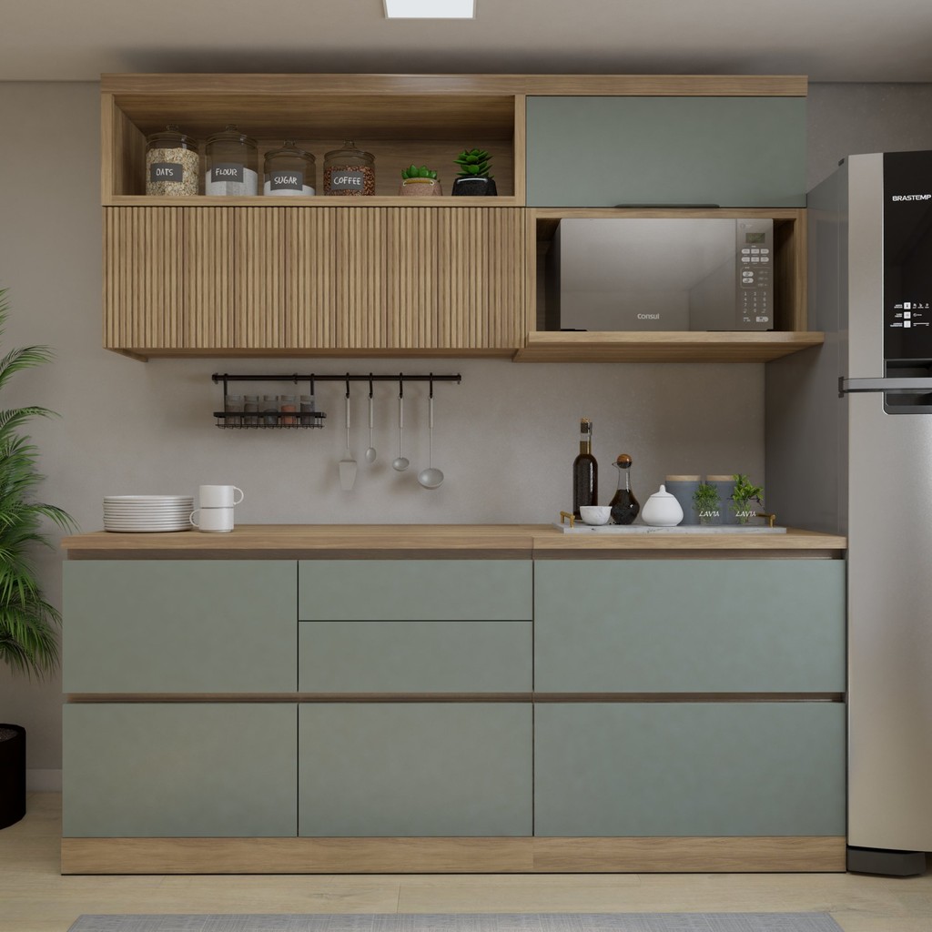 Cozinha Millena 4 Peças Aereo Micro-ondas 100% Mdf Yescasa Nature/Verde em Oferta na Shopee