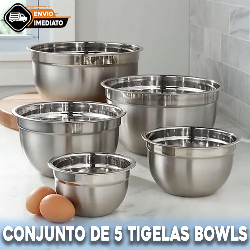 Jogo de Bowl Inox 5 Peças Tigela Inox Empilhável 14cm 16cm 20cm 22cm 24cm Gamela Bacia Cozinha
