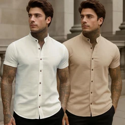 Kit 2 Camisa Social Masculina Linho Gola Padre Manga Curta Premium