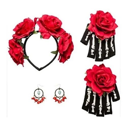 Kit Fantasia Caveira Mexicana Vermelho Brinco Tiara Luvas  Set De Katrina Para Halloween