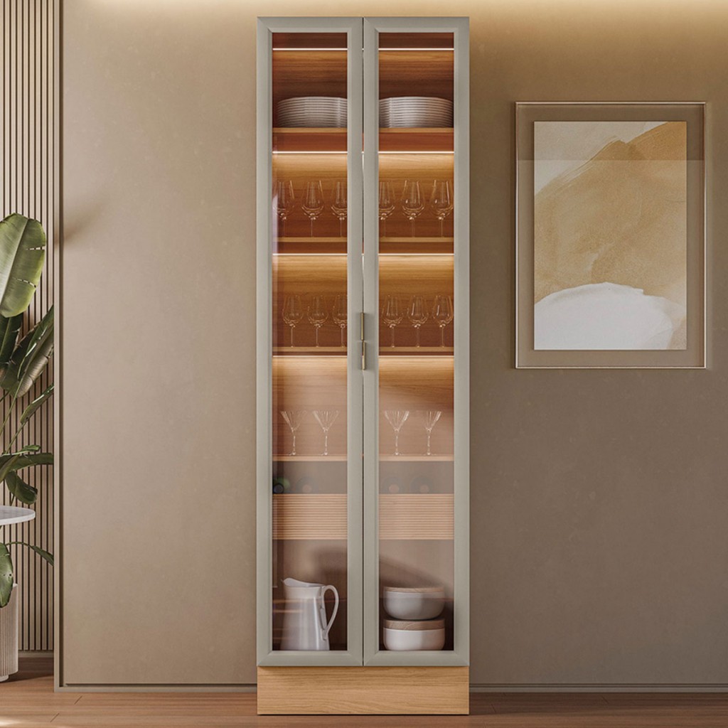 Cristaleira Allure 2 Portas 1 Gaveta com Espelho e Led Jequiti/Gris Fosco - Linea Brasil