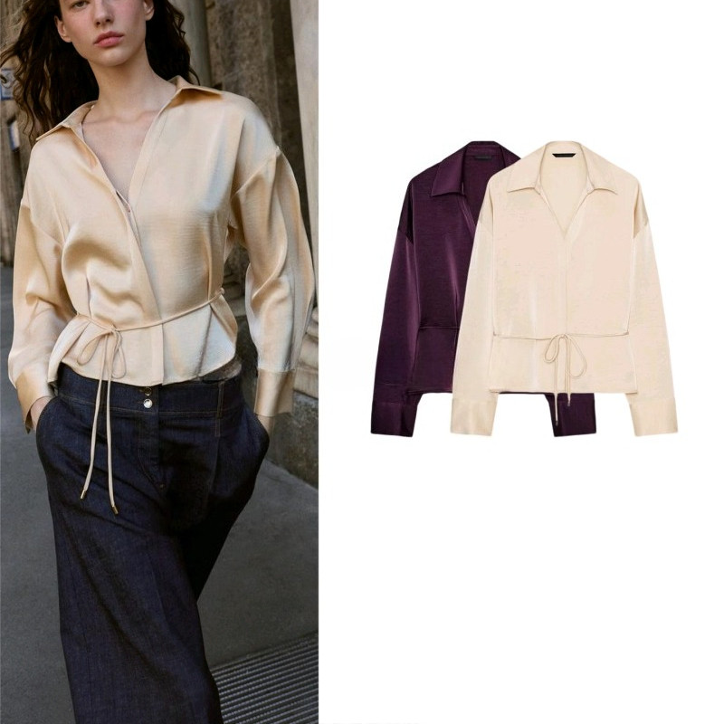 Camisa feminina de textura de cetim de seda com cinto fino de outono 2025 8741258 8741245 em Oferta na Shopee