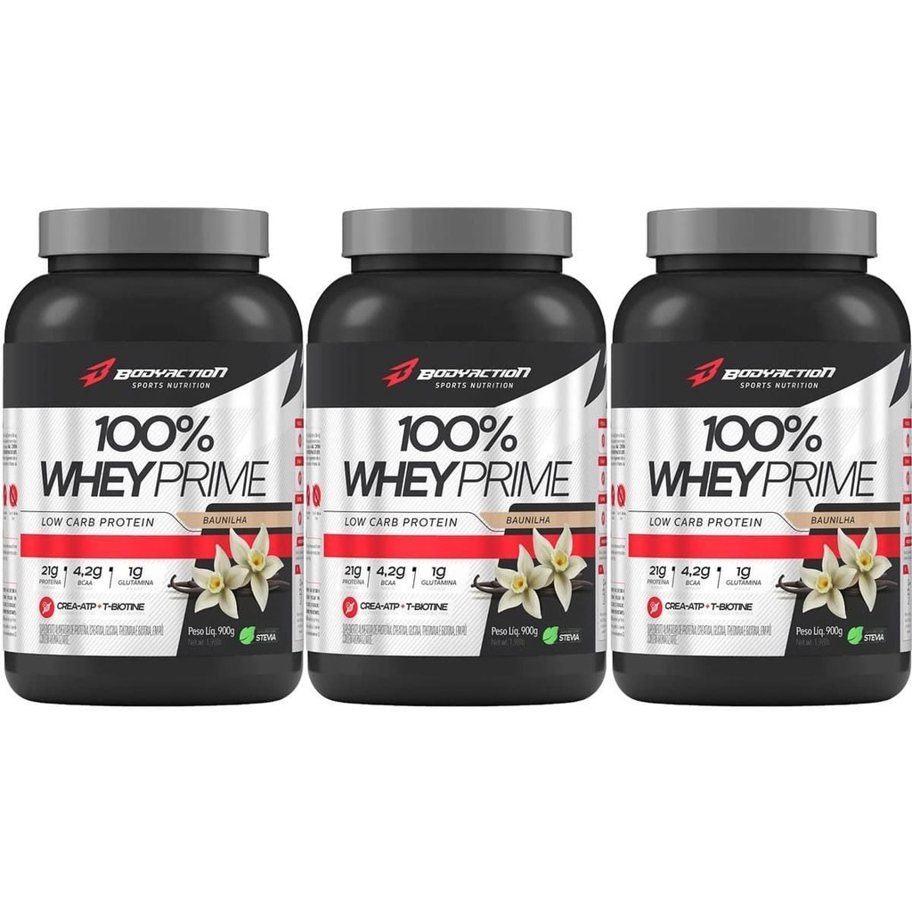 Kit 3X 100% Whey Prime Concentrado - 900g Baunilha - BodyAction