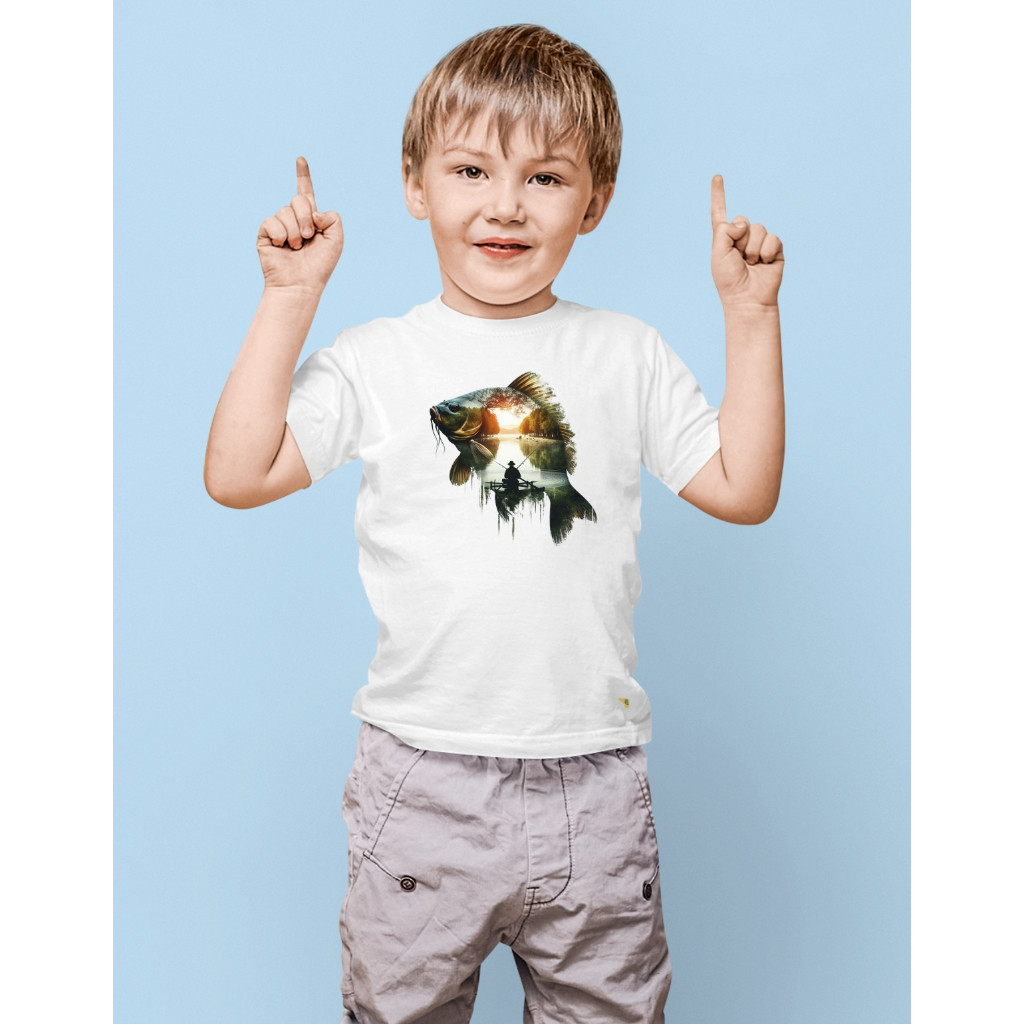 Camiseta Roupa Infantil Pesca Peixe Paisagem Estilo Vibrante Pescaria Vara de Pescador