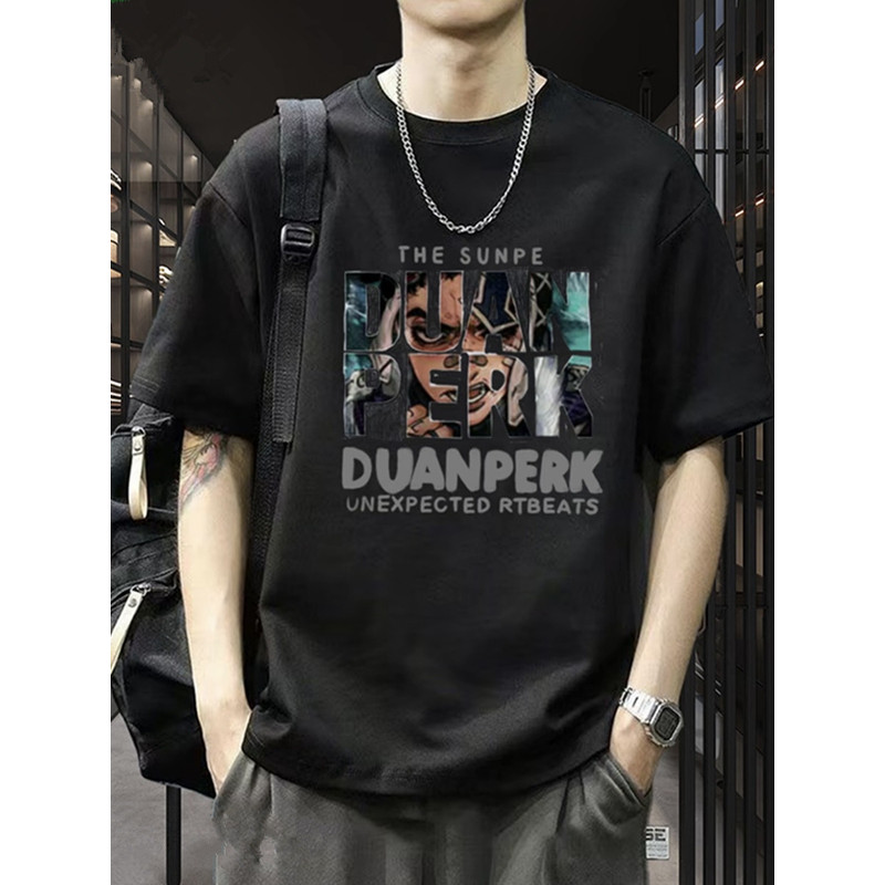 Design americano pesado puro algodão 100% manga curta camiseta masculina verão solto Anime impresso Street Wear bonito m