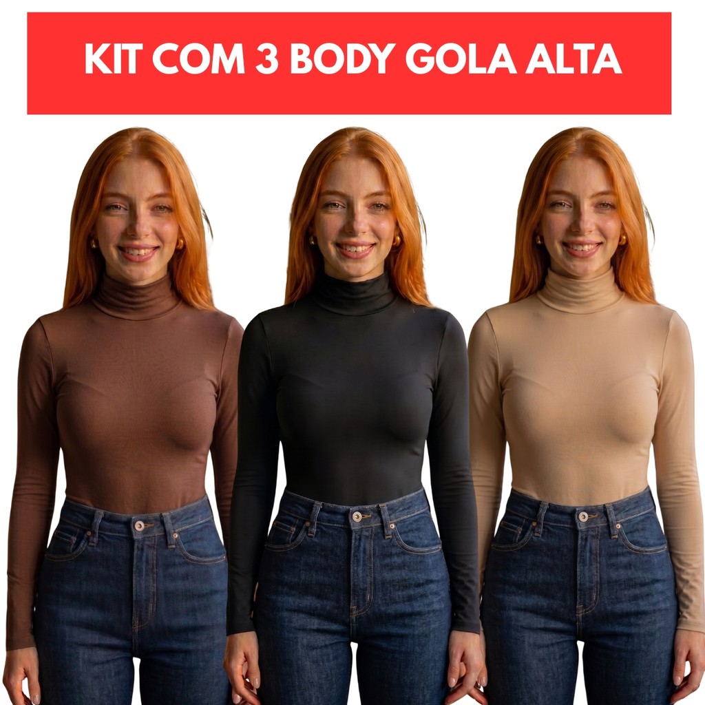 Kit 3 Body Gola Alta Segunda Pele Suplex Feminina Inverno Justo Bode Elegante Boris