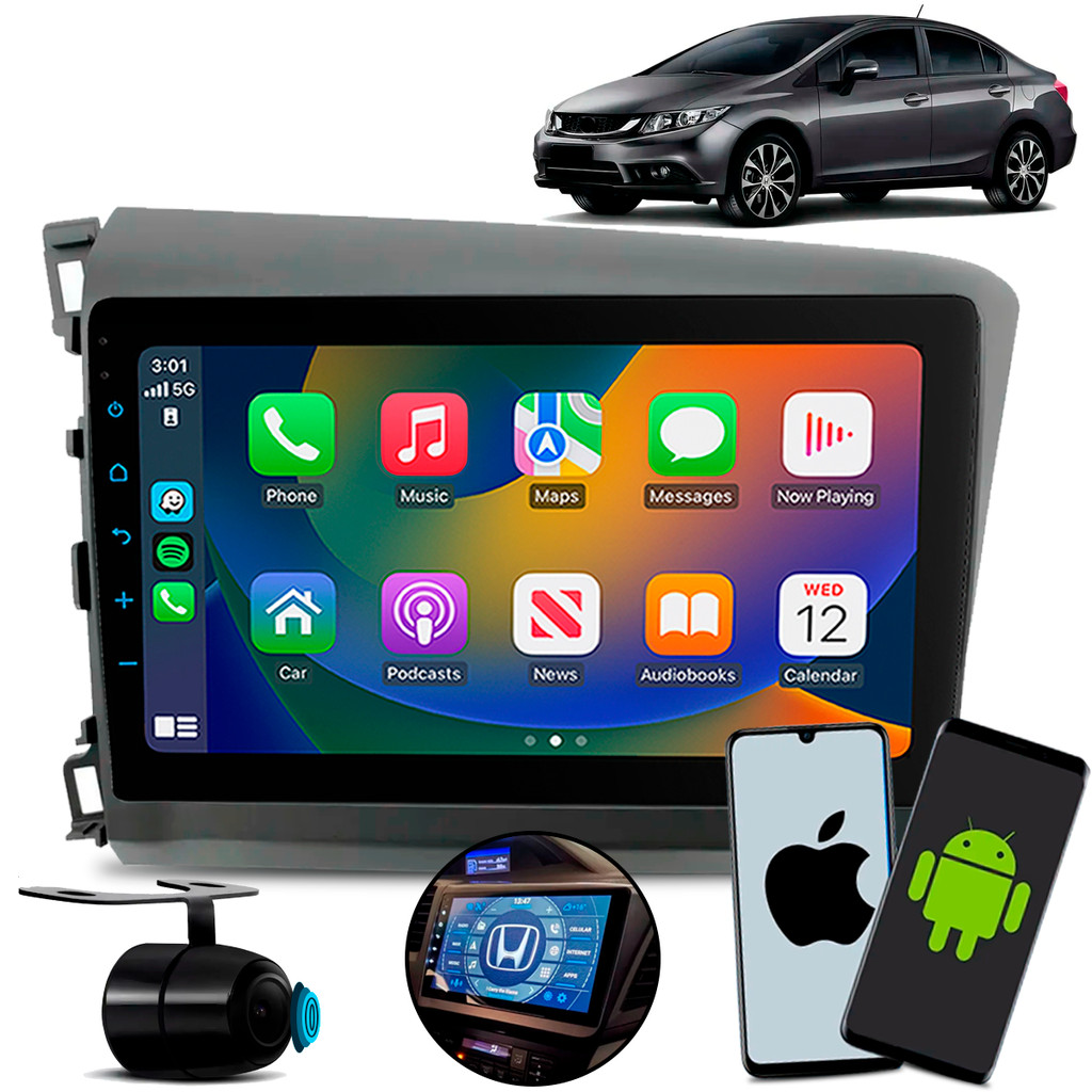Multimídia 9 Polegadas Civic G9 2012 até 2016 Carplay e Android Auto Sem Fio Com Câmera de Ré Colorida + Moldura