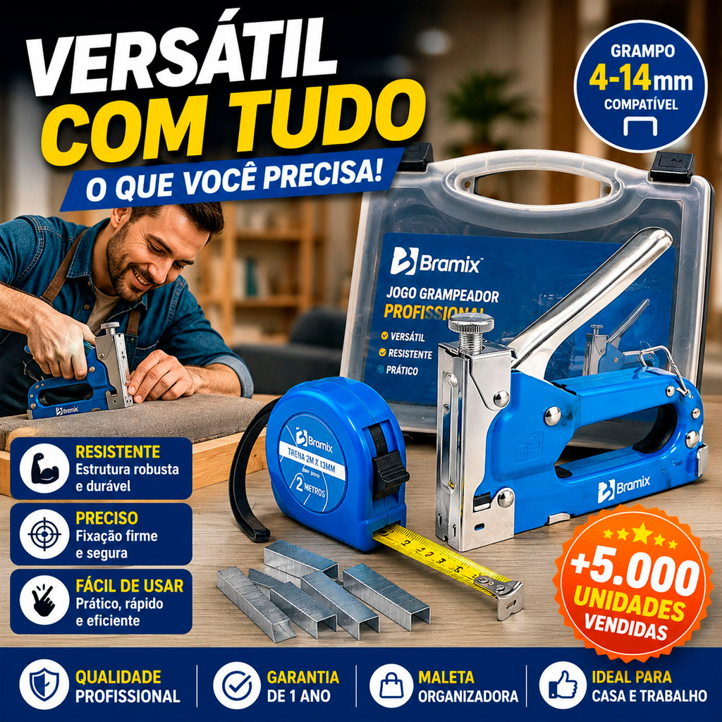 Jogo Grampeador 4-14mm Trena 2mx13mm Bramix Tapeceiros Artesanato Manutenção Estofados