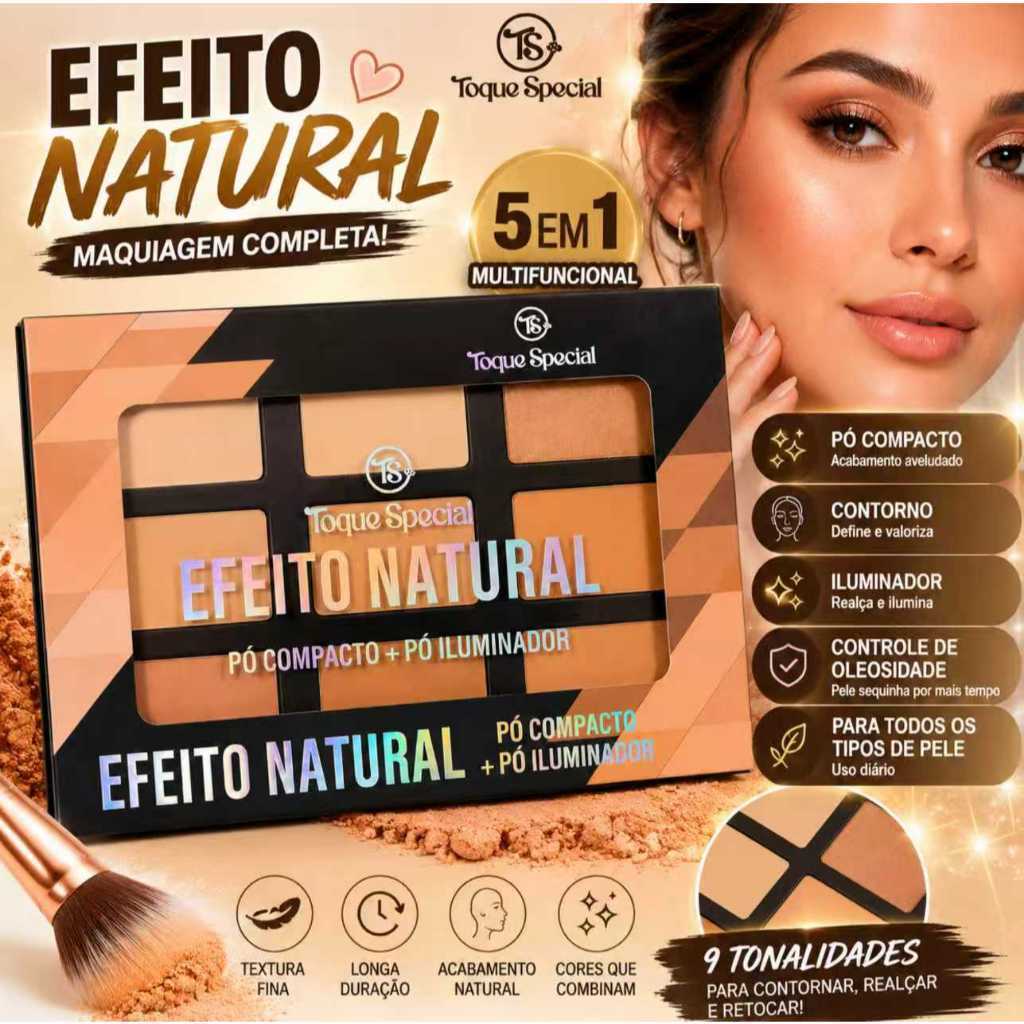 Paleta de Maquiagem Contorno Pó Compacto e Iluminador Efeito Natural