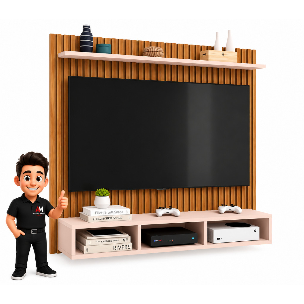 MEGA OFERTA Painel Ripado 3D para TVs até 50 Polegadas Suspenso com Nichos e Prateleira Multiuso Sala Moderna Decorativa