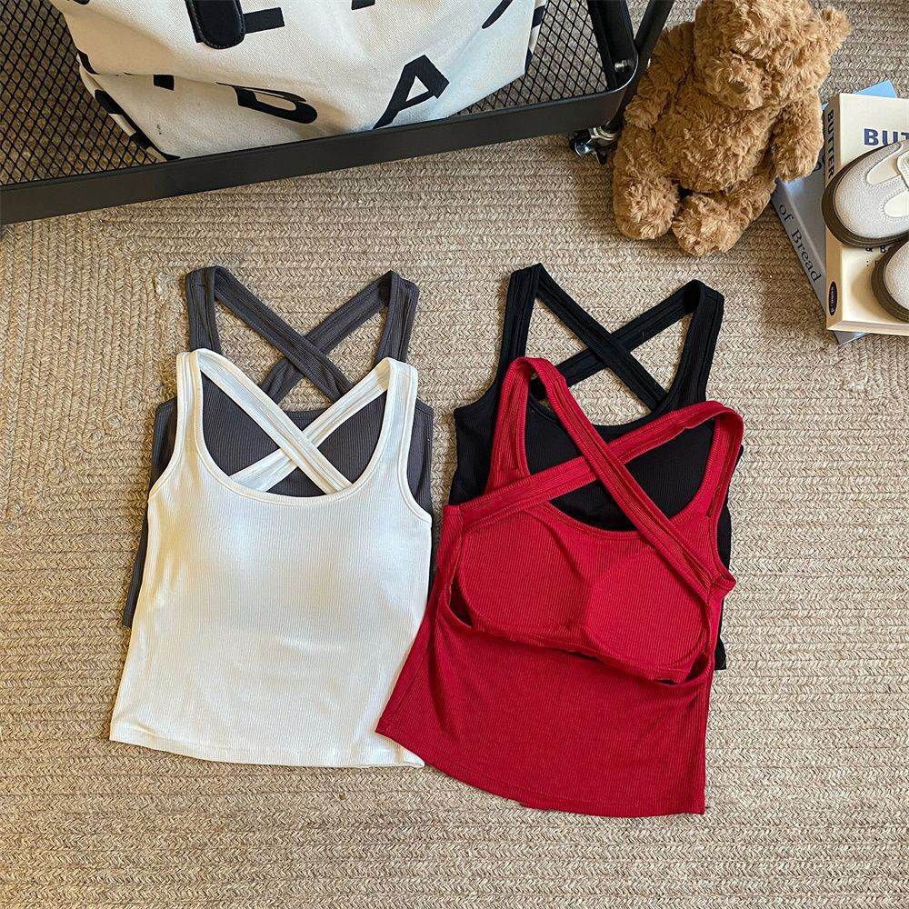 Desejo estilo cruz linda volta Halter volta camisola feminina roupa interior 2026 topo exterior com almofada no peito ve