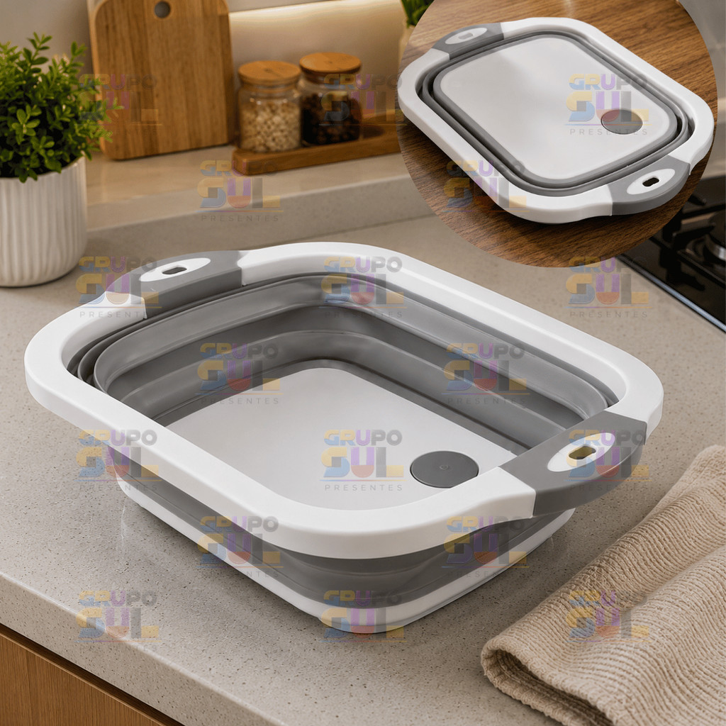 Bacia 2 em 1 RETRATIL Dobravel VIRA ESCORREDOR E TABUA Retangular Plastica Cozinha Pia Camping