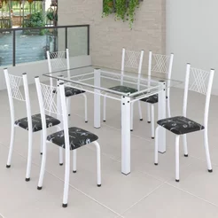 Conjunto de Jantar Mesa 140x75cm Tampo de Vidro Incolor com 6 Cadeiras Sara Yescasa Branco/Preto Floral Branco/Preto
