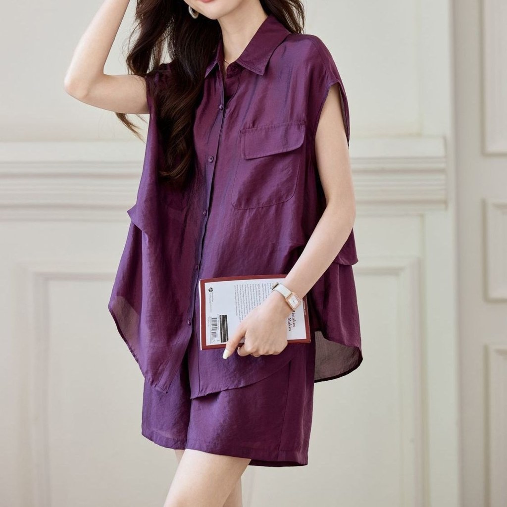 Camisa roxa sem mangas estilo dinheiro antigo, sem colisão, gordura mm, Casual, solta, respirável, Shorts da moda#老钱风紫色无