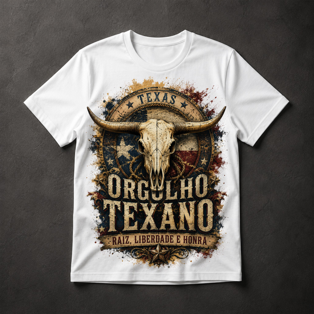 Camiseta Orgulho Texano Longhorn Texas Country Sertanejo Masculina Estampa Vintage