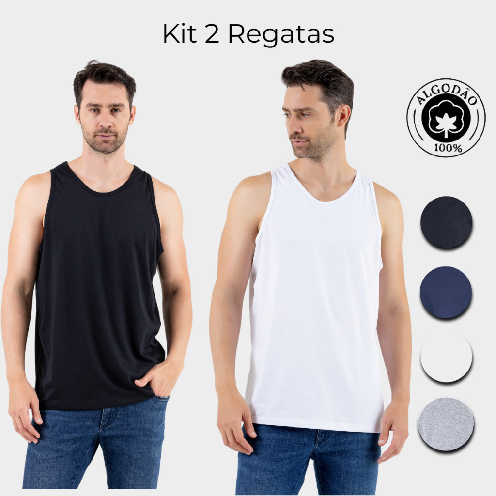 KIT 2 Regatas Masculina Básica Algodão Preta Branca Azul Cinza 100% Algodão 30.1