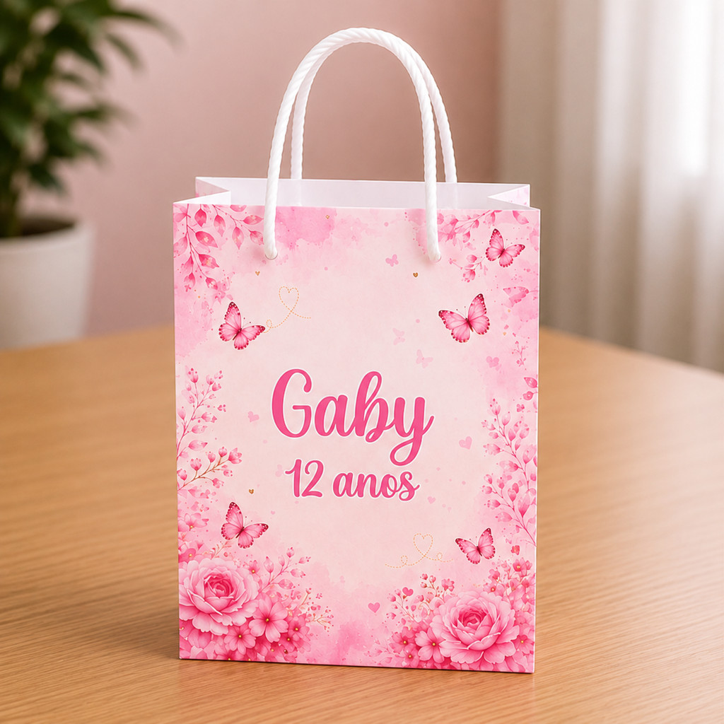 Sacolinha Borboleta Rosa Personalizada | Pegue e Monte | Lembrancinhas | Festa infantil | Aniversário