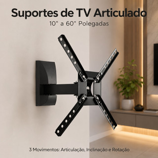 Suporte Tri Articulado Tv até 40Kg Inclinável Até 60 Polegadas 130° Graus Preto Lcd Led 3 movimentos parede Restaurante