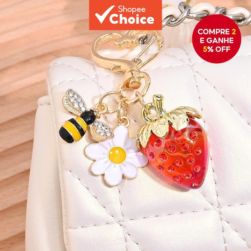  Chaveiro de Abelha Margarida com Morango Fofo - Para Bolsa, Capa de Fone de Ouvido, Capa de Celular, Decoração de